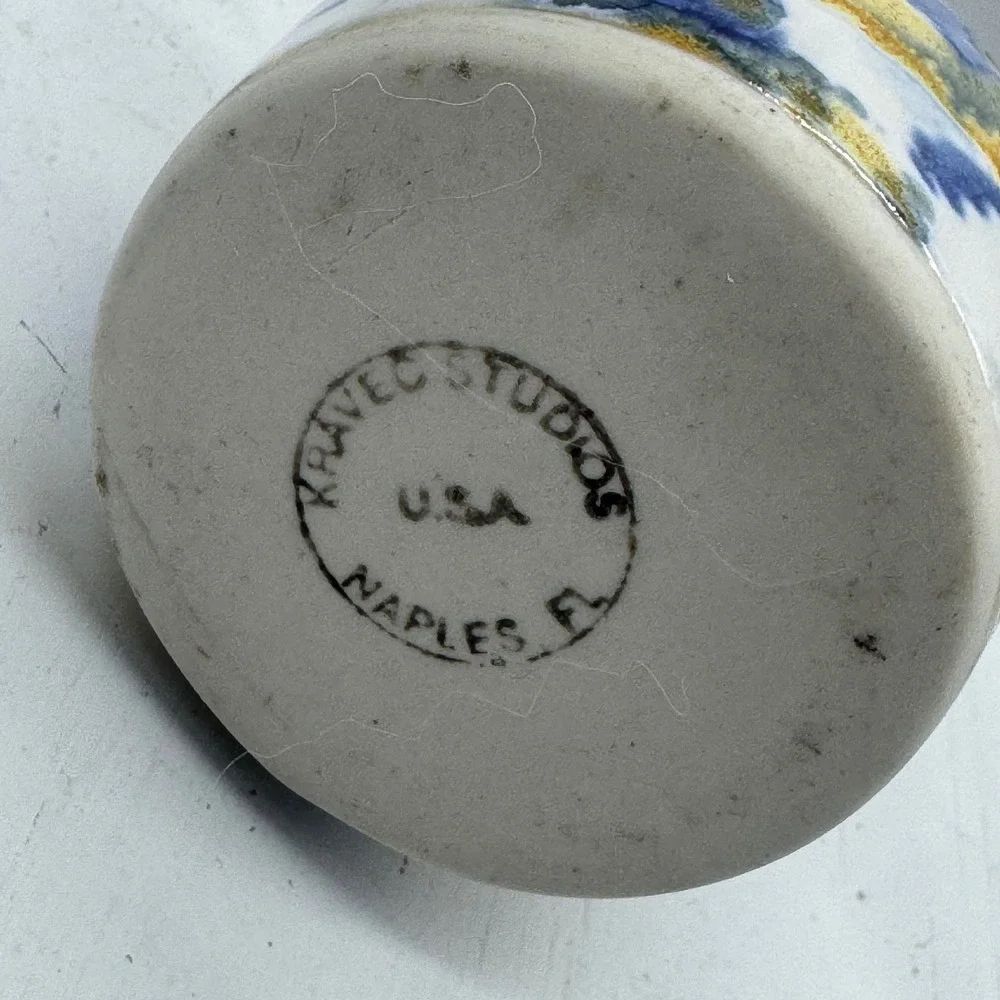 Kravec Studios Naples FL Studio Pottery Bud Vase Blue Yellow Abstract Glaze 3.5